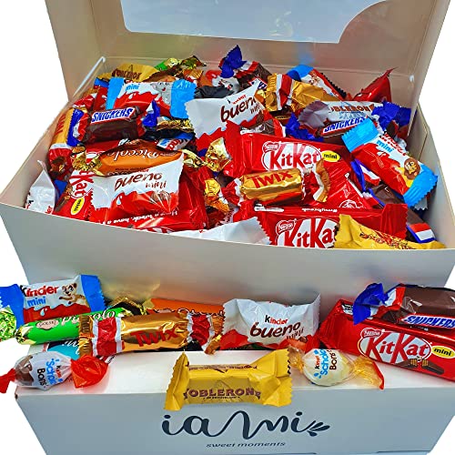 Surtido de Mini Chocolates de 100 Unidades | Caja Gourmet Chocolates MINI I Versiones Miniatures de Kit Kat, Toblerone, Kinder Bueno, Twix, Snickers, Kinder Chocolate, Shochobons, Mars. [IAMI]