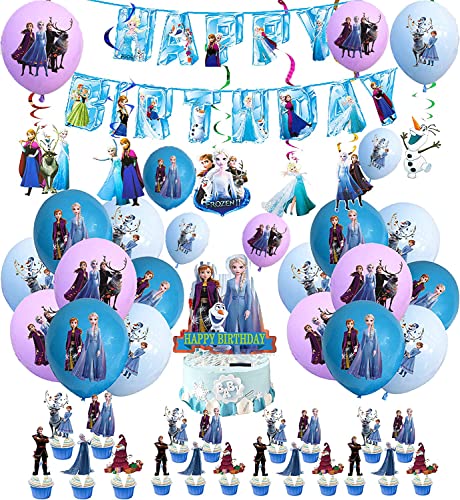 Decoración de Cumpleaños Frozen Globos Pancarta de Feliz Cumpleaños Adorno para Tarta Congelada Remolinos Colgantes para Niños Niñas Fiesta de Cumpleaños Decoracion